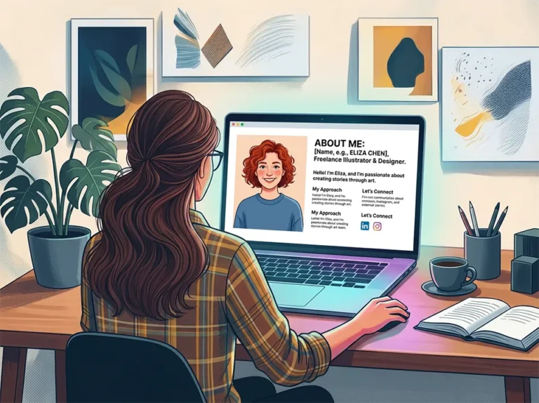 Illustration showing a woman looking on a About me-page on her laptop.