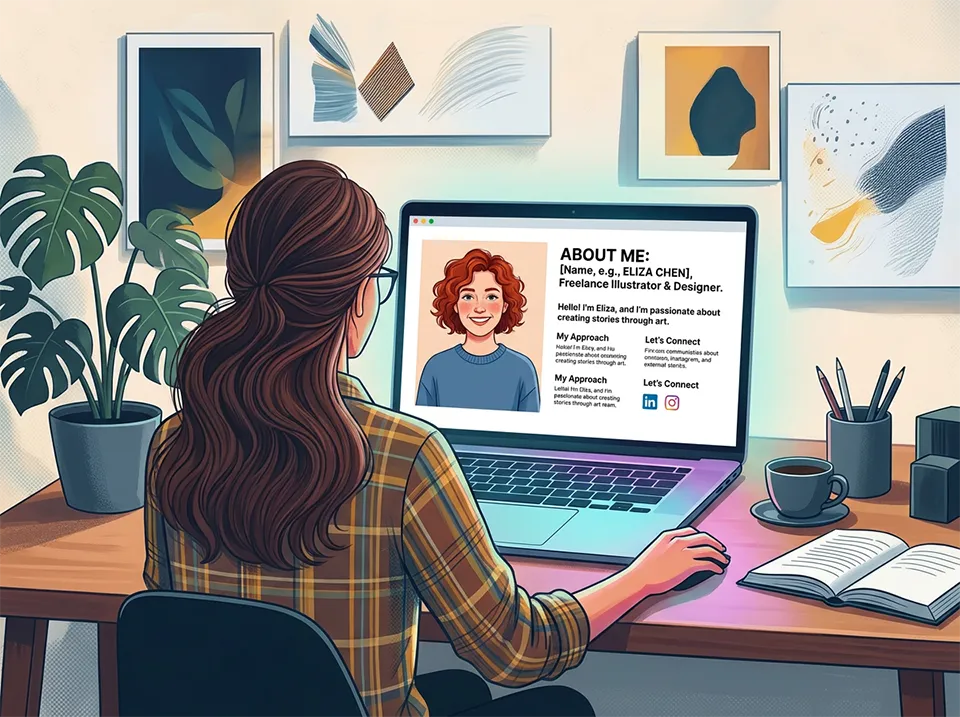 Illustration showing a woman looking on a About me-page on her laptop.