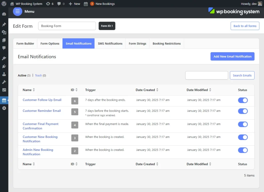 WP Booking System - email notifications