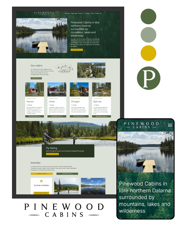 Bokningssida Pinewood Cabins - design Nordiska Stil